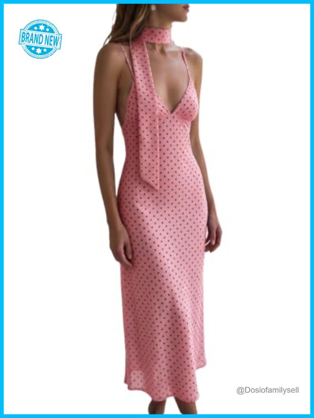 Women Chiffon Polka Dot Maxi Dress V-Neck Backless Tie Neck Sleeveless
